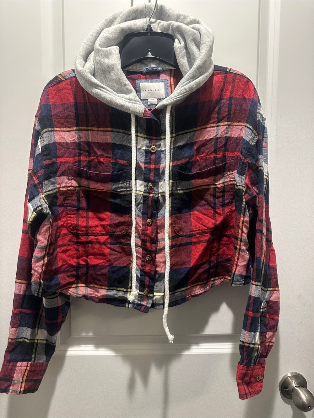 American Eagle Outfitters Red and Navy Plaid Hooded Button-Up Jacket